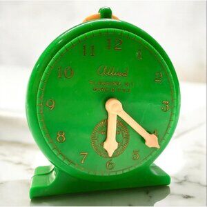 Vintage Allied Green Plastic Clock Bank – Flushing, NY USA  3.5"